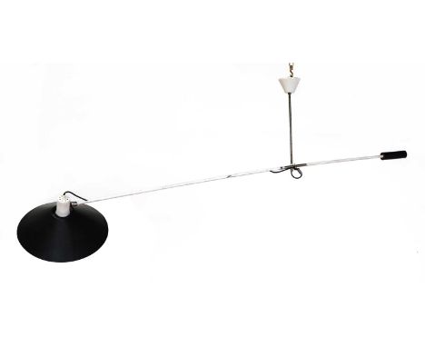 An adjustable ceiling light,1950s, designed by J Hoogervorst for Anvia, with a black enamelled shade,202cm longWorn and knock