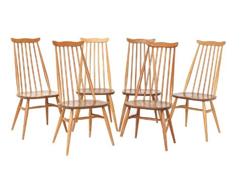 A set of six Ercol 'Goldsmith' chairs, with yoke back rails and stick backs, stamped 1960 marks, 43cm wide 55cm deep97.5cm hi