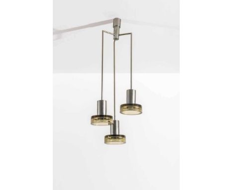 An Italian hanging ceiling light,1970s, in the manner of Flavio Poli for Seguso, with three branches, each tubular steel fitt