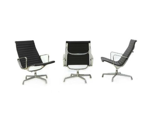 Three 'EA116' Aluminium Group lobby chairs, designed by Charles and Ray Eames for Herman Miller, each with a revolving seat w