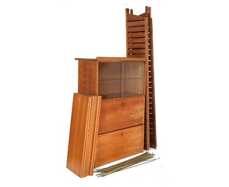 A Staples 'Ladderax' wall unit,1960s, designed by Robert Heal, comprising five teak uprights, one glazed cabinet, two fall-fr