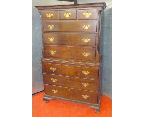 GEORGE III OAK CHEST ON CHEST WITH THREE SHORT AND THREE GRADUATED FLANKED BY FLUTED QUARTER TURNED PILASTERS, SLIDE AND THRE
