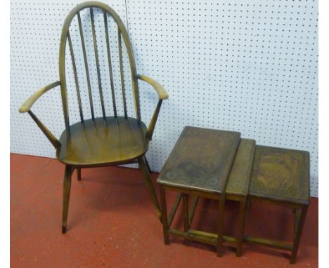 ERCOL WINDSOR CHAIR AND A NEST OF THREE TEAK COFFEE TABLES [4]