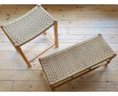 TWO VINTAGE BEECH FRAMED WOVEN COVERED SEATS: HIGH SEAT (52.5 cm x 46 cm x 30.5 cm) AND DOUBLE LONG FOOTSTOOL (80.5 cm x 74 c