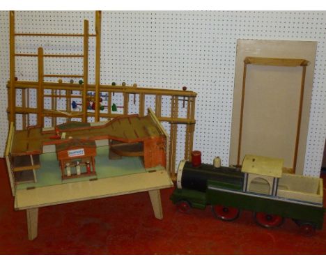 CHILD'S VINTAGE PUSH ALONG STEAM LOCOMOTIVE WOODEN TOY (L: 89 cm), A HOMEMADE CHILD'S MULTI-STOREY CAR PARK TOY WITH SIX VINT