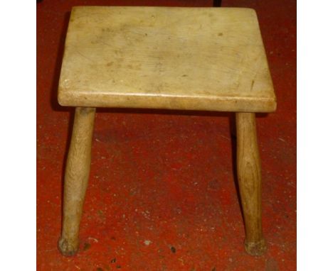 C19th MAHOGANY STOOL, THE RECTANGULAR TOP WITH CANED SEAT ON TURNED AND BLOCKED LEGS JOINED BY STRETCHERS (45 cm x 48.5 cm x 