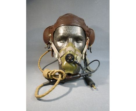 LEATHER FLYING HELMET, FULLY WIRED WITH RAF TYPE H2 OXYGEN MASK