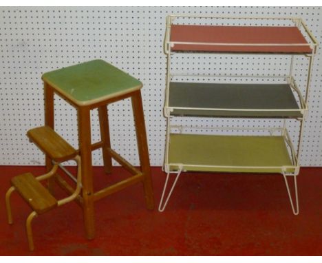 VINTAGE KITCHEN STEP/STOOL (H: 61 cm) AND RETRO THREE TIER STAND (H: 79 cm x 56 cm x 35.5 cm)