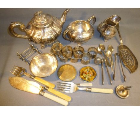 A SILVER RING TREE WITH FILLED BASE BY H. MATTHEWS, BIRMINGHAM 1910 AND A QUANTITY OF PLATED ITEMS INCLUDING AN ORNATE TEAPOT