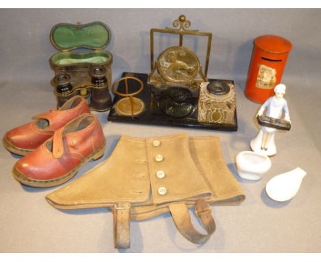 MIXED LOT COMPRISING A PAIR OF FELT SPATS, OPERA GLASSES (CASED), CHILD'S PAIR OF LEATHER AND WOOD CLOGS, LETTER RACK WITH IN