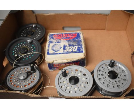 Five fly reels including 2 x beaulite by shakespeare, Intrepid gear fly king size a Leeda Magnum 140D with spare spool and a 