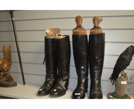 Two pairs of early 20th century vintage riding boots probably size 6-7 with stack heels and leather soles one pair comes comp
