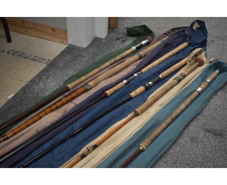 A selection of 6 vintage fishing rods mostly unmarked or marks worn off, An interesting selection including Oak, split cane a