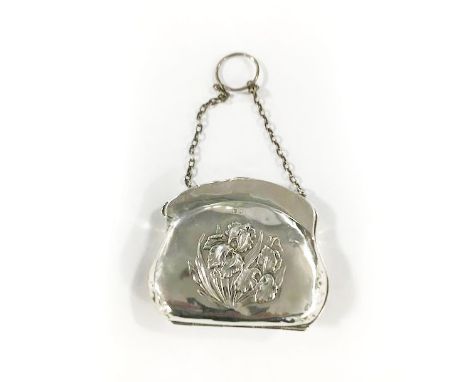 Birmingham 1908, purse-shaped, the front applied with iris decoration, the reverse engraved with a presentation inscription, 