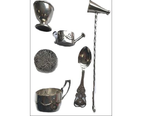 Copenhagen, 1912, the handle with two bells and floral decoration; a Chinese silver miniature watering can, with impressed ch
