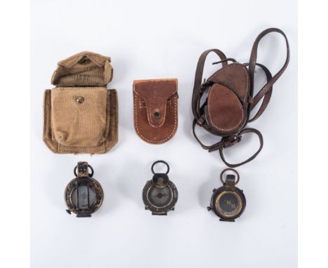 WWI British Officer's compass, 1916, with case and strap, British Officer's compass with pouch, and, a USA Army compass in le