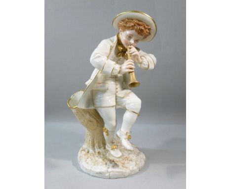 VICTORIAN HADLEY WORCESTER PORCELAIN FIGURE OF A YOUNG MAN PLAYING A FLUTE, STANDING AGAINST A TREE STUMP ON A SHAPED CIRCULA