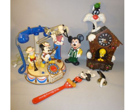 WALT DISNEY CHARACTER TELEPHONES, MICKEY MOUSE AND MICKEY'S BAND TOGETHER WITH A SWEETIE &amp; SYLVESTER CUCKOO CLOCK, MICKEY