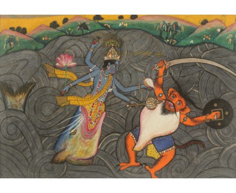 A painting of the Matsya Avatara of the Bhagavata Purana, Pahari School, Northern India, mid19th century AD.A painting of the