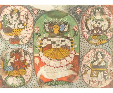  A painting of the Goddess gayatri-Devi surrounded by Gods; Punjab, Northern India, early 17th century AD. Mounted in a moder