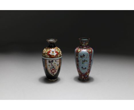 Two cloisonné enamel vases and a jar with coverJapan, Meiji period and laterDecorated with Ho-o birds, flowers and butterflie