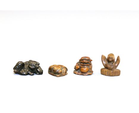 Four wood Netsukes Japan, Edo period (1603-1868) 19th centuryConsisting of Hotei with money and sack, A bamboo netsuke of a m