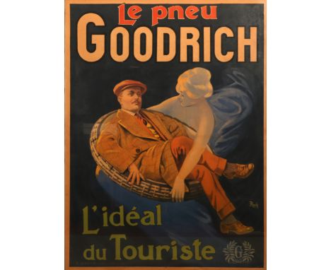 Le pneu Goodrich, by E. RochFrance, circa 1920, signed lower right.Colour lithograph, Linen backed , framed and mounted for d