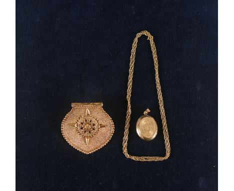 An 18 carat gold rope twist  necklace with gold locket having engine turned foliate and scroll decoration and a gold brooch m