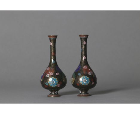 A pair of Cloisonné vasesKyoto, Japan, Meiji period 19th centuryPear shaped vase with long neck and flaring mouth, decorated 