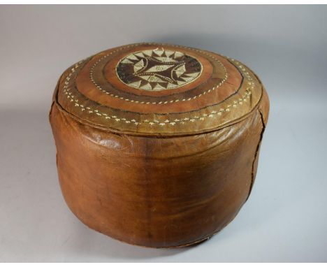 A Continental Circular Leather Pouffe with Raffia Work Decoration, 47cm Diameter 