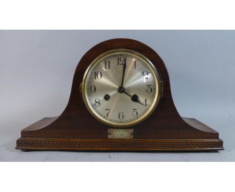 A Mahogany Cased Napoleon Hat Presentation Mantle Clock Dated 1933, 42cm Wide 