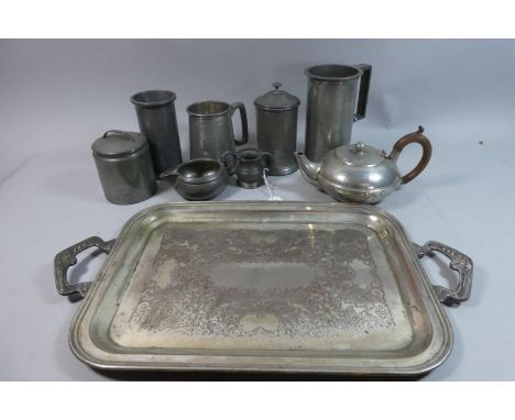 A Collection of Pewter to Include 1953 Tea Caddy, Three Pewter Measures, Tankard etc On Silver Plated Tray 