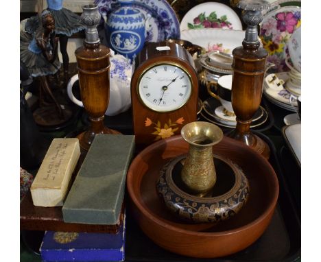 A Tray Containing Inlaid Arched Top Mantle Clock, Pair of Oak Candlesticks, Fruit Bowl, Brass Bowls, Cased Cutlery etc 