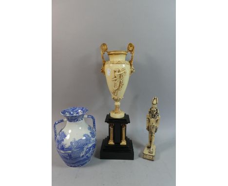 A Resin Two Handled Vase on Architectural Plinth, Egyptian Figural Ornament and Spode Italian Blue and White Vase (Chip to Ri