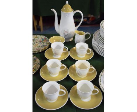 A Susie Copper Teazle Pattern Coffee Set Comprising Six Cans and Saucers, Coffee Pot Cream and Sugar 