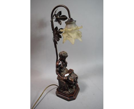 A Bronze Effect Figural Table Lamp in the Form of Seated Maiden Reading, 54cm High 