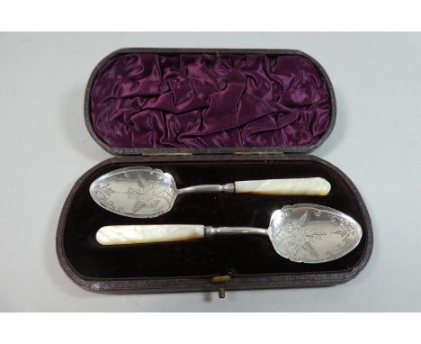 A Cased Christening Set Comprising Two Silver Spoons with Mother of Pearl Handles by Hilliard and Thomason, Birmingham Hall M