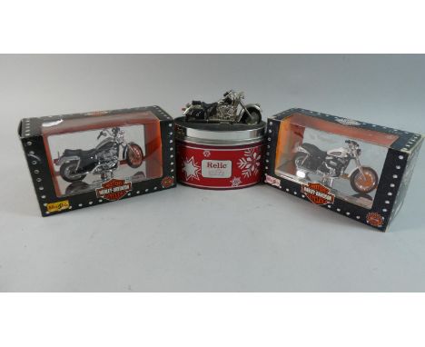 Two Boxed Maisto Harley Davidson Motorcycle Models Together with a Novelty Relic Clock Example in Tin 