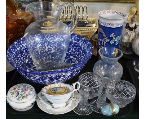 A Tray of Ceramics and Glass to Include Blue and White Toilet Bowl, Aynsley Pembroke Trinket Box, Cut Glass Rose Bowls, Vulca