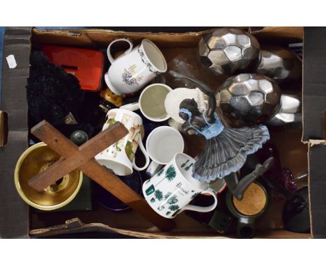 A Box of Sundries to Include Mugs, Crucifix, Coffee Grinder, Ornaments etc 
