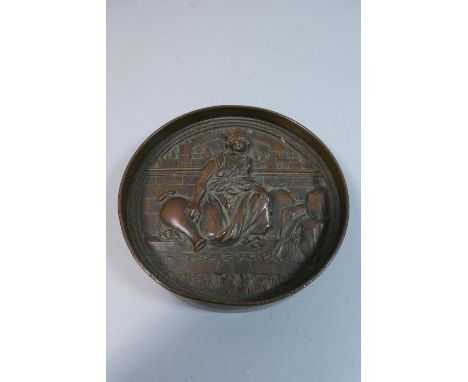 A 19th Century Cast Bronze Circular Paperweight Decorated in Relief with Britannia Kneeling Beside the Thames, 12cm Diameter 