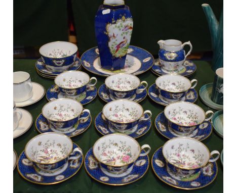 A Collection of Copeland Spode Blue Bordered Teawares Comprising Nine Cups and Saucers, Cake Plate, Cream and Sugar, Unrelate