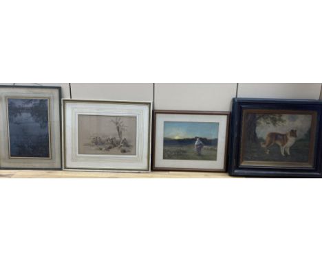 F.E.Grone, watercolour, Shepherdess at sunset, 24 x 34cm, an oil sketch of a collie in a landscape, 30 x 40cm and two prints,