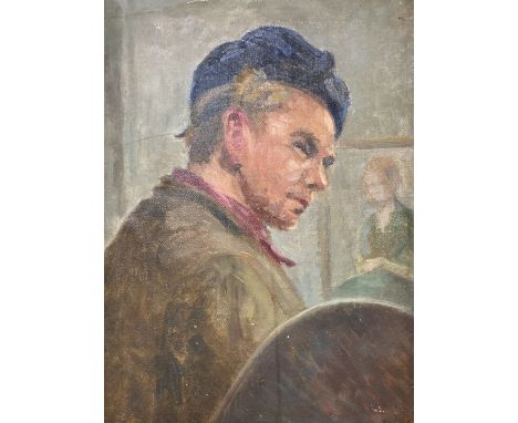 Frederick Whiting (1874-1962), oil on canvas laid on board, Study of an artist, possibly a self portrait, inscribed verso, 28