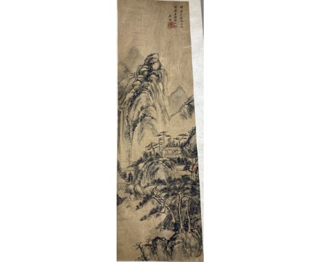 Chinese School, watercolour scroll painting, Mountainous landscape, 91 x 27cm