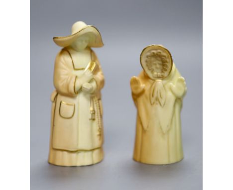 Two Royal Worcester blush ivory candle snuffers of Granny Snow and The Nun, date codes 1933 and 1920, height 10cm