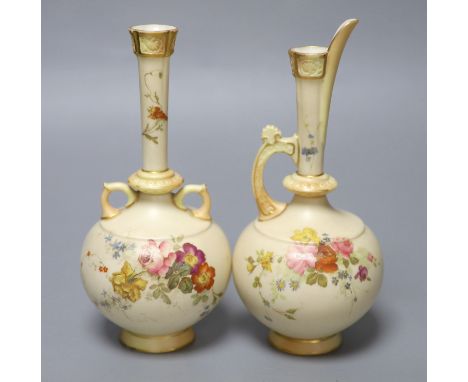 A Royal Worcester blue ivory two handled vase painted and gilded with flowers and a similar ewer, green marks, both date code