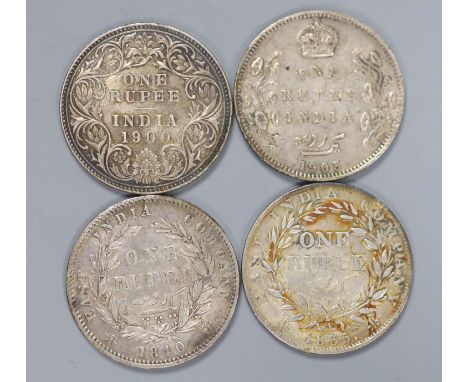 British Empire, India, four silver One Rupee, 1835, edge faults/mount marks otherwise VF, 1840, edge knocks otherwise VF, 190