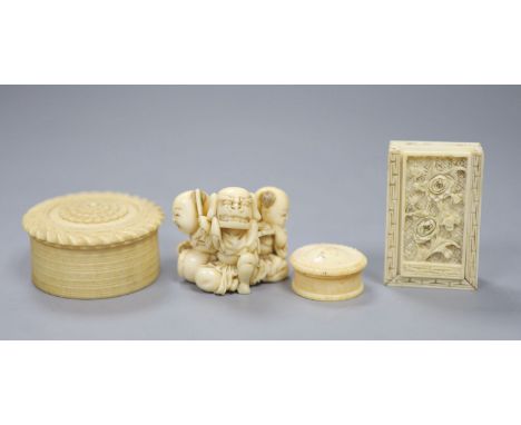 A 19th century Cantonese export carved ivory whist box, with a sliding floral panelled cover, and contents, 5 x 3.5cm togethe