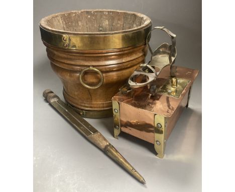wooden coopered jardiniere, a novelty plated skate cruet stand,Arts and Crafts box and a brass and wooden horticultural therm